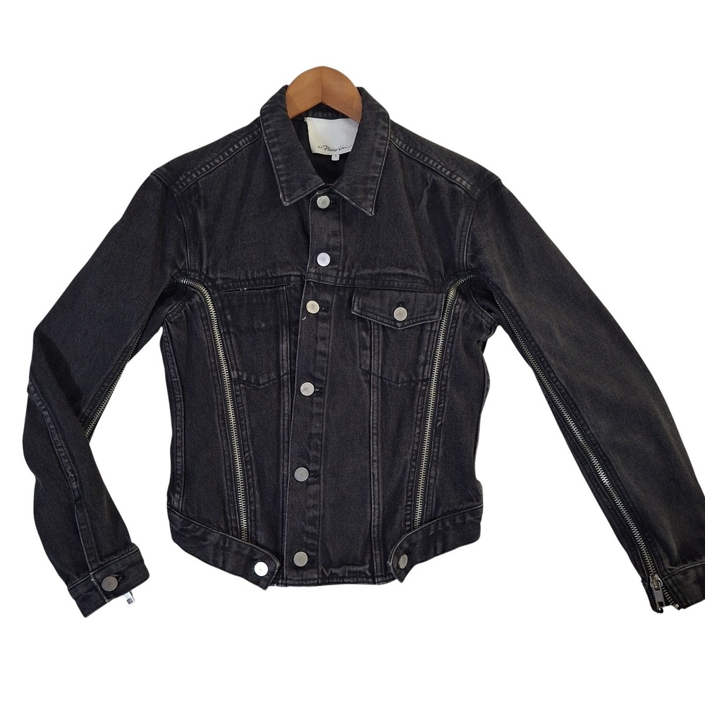 3.1‎ Phillip Lim Denim Jacket Women's Size 4 Washed Black Moto Cropped Zipper